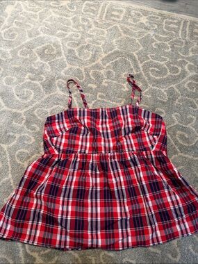 J. Crew Factory Red & Navy Plaid Sleeveless Peplum Tank